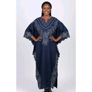Vintage Ashanti Women Dark Blue African 100% Linen Kimono Kaftan Embroidered OS